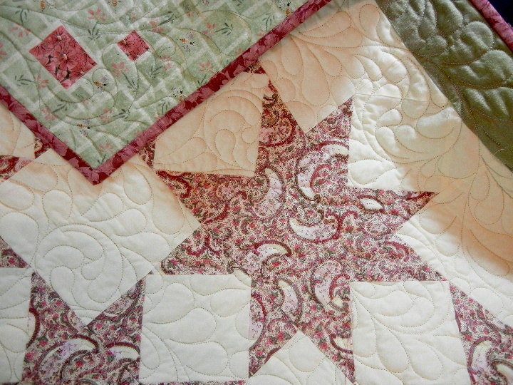 Child's Handmade Quilt (Lap Quilt ) - Sawtooth Star Pattern in Cream Pink and Green