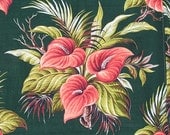 Vintage Coral & Green Tropical Anthurium Palm Barkcloth Panels with Valance
