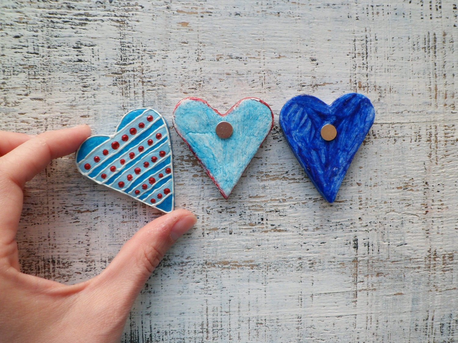 Colorful heart magnets set of 3, Valentine Day decor, Valentine gift  dots & stripes red white blue