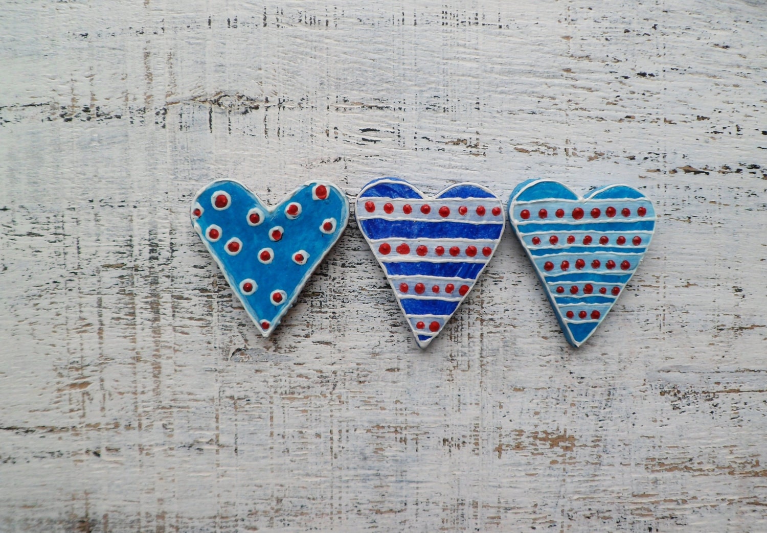 Colorful heart magnets set of 3, Valentine Day decor, Valentine gift  dots & stripes red white blue