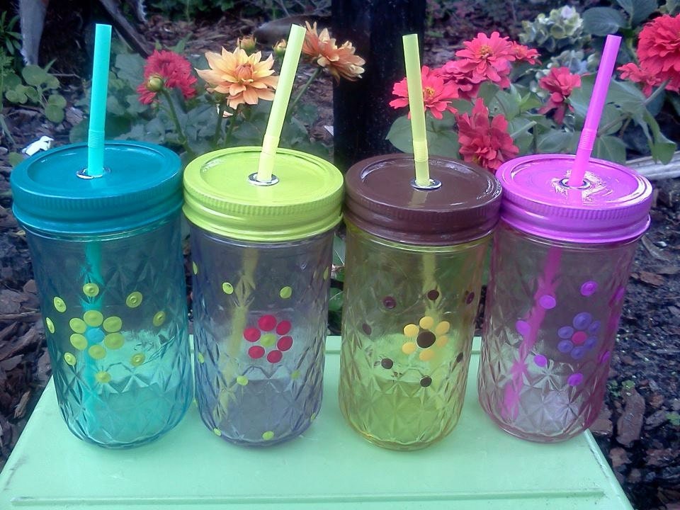 Four 12 oz Flower Mason Jar Sippy Cup Set