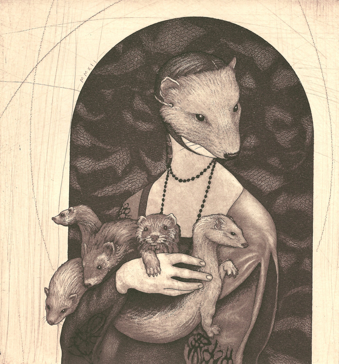 Lady Musteline - original etching of a masked young woman with ferrets by Carrie Lingscheit