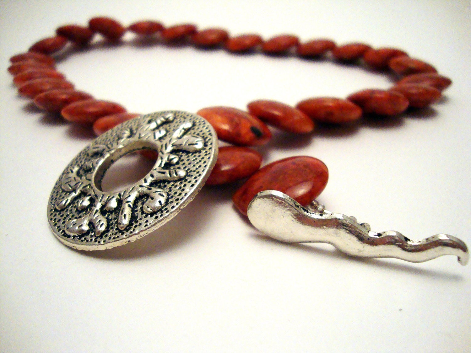Coral Chunky Beaded Necklace, Carved Silver Clasp, Gemstone Statement Necklace