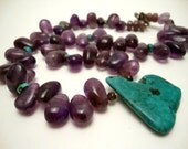 Turquoise Pendant Necklace, Amethyst Gemstone Beads, Purple and Turquoise Necklace