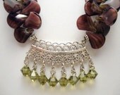 Green and Purple Pendant Necklace, Green Crystal Pendant, Purple Chunky Beaded Necklace