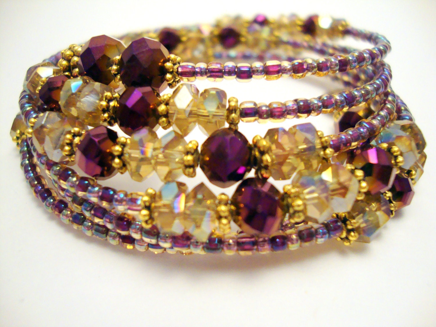 Wrap Bracelet on Memory Wire Topaz, Magenta, Grape Beads and Crystals