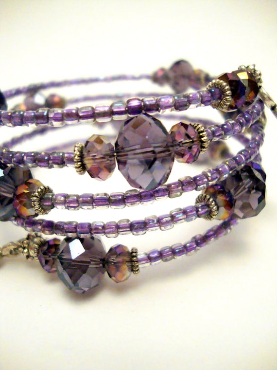 Purple Crystal Memory Wire Bracelet, Amethyst Crystal Beaded Bracelet, Miyuki Seed Beads