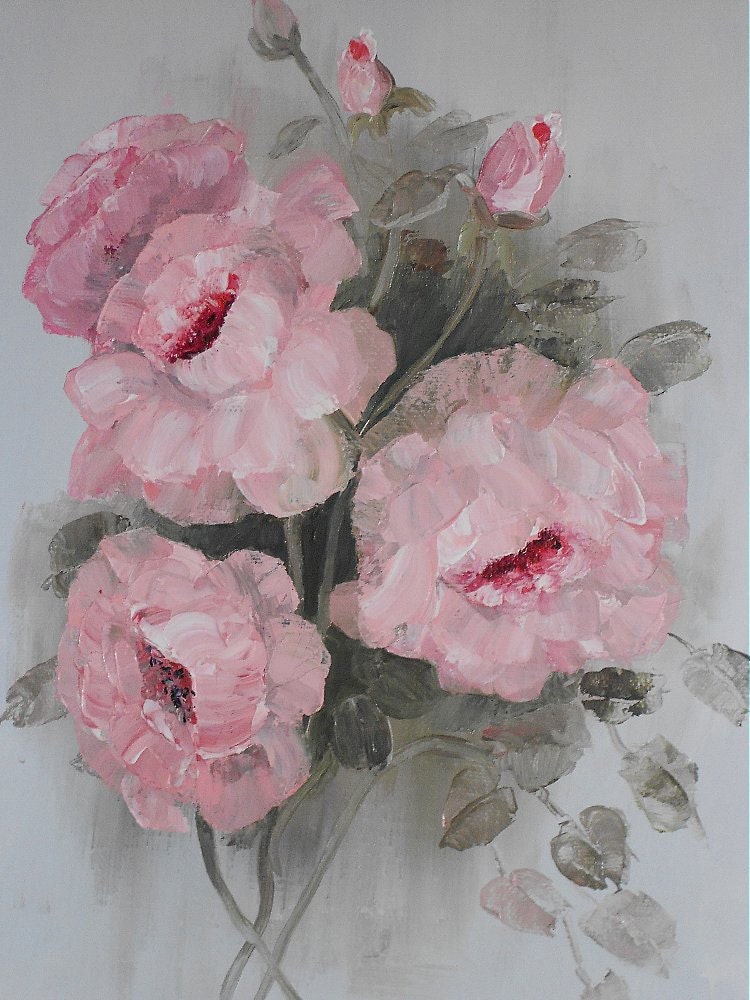 Vintage Pink Roses Original Oil Painting On Canvas, Shabby Cottage Chic ca 1940's Signed, 11 x 14, GORGEOUS, Victorian Paris Apt Appeal