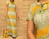 60s Psychedelic Maxi Dress. Vintage yellow & green paint patterned, with bow neckline - S