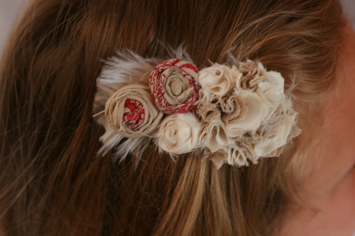 vintage inspired wedding flower hair piece pink cream tan feathers - photo prop - hair clip fabric flower children newborn flower girl