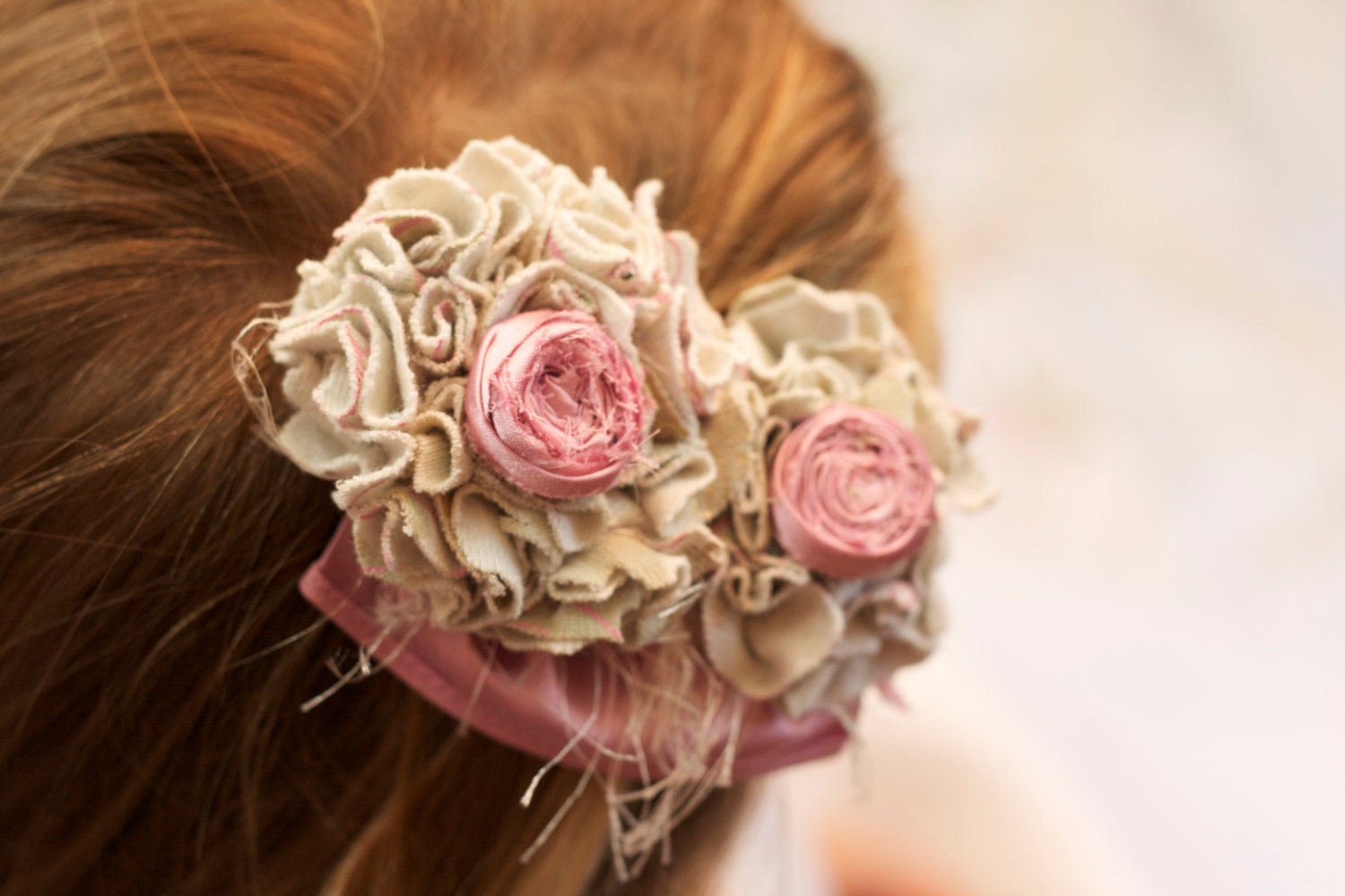 vintage inspired upcycled children flower hair piece - photo prop - pink and gray hair clip fabric flower flower girl rosette