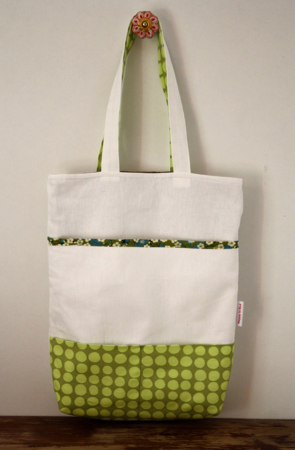 Canvas tote bag: 3 pockets, polkadots, green and white