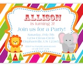 Carnival Circus Invitation - Colorful Stripe Circus Animals, Elephant and Lion Personalized Birthday Party Invite - a Digital Printable File