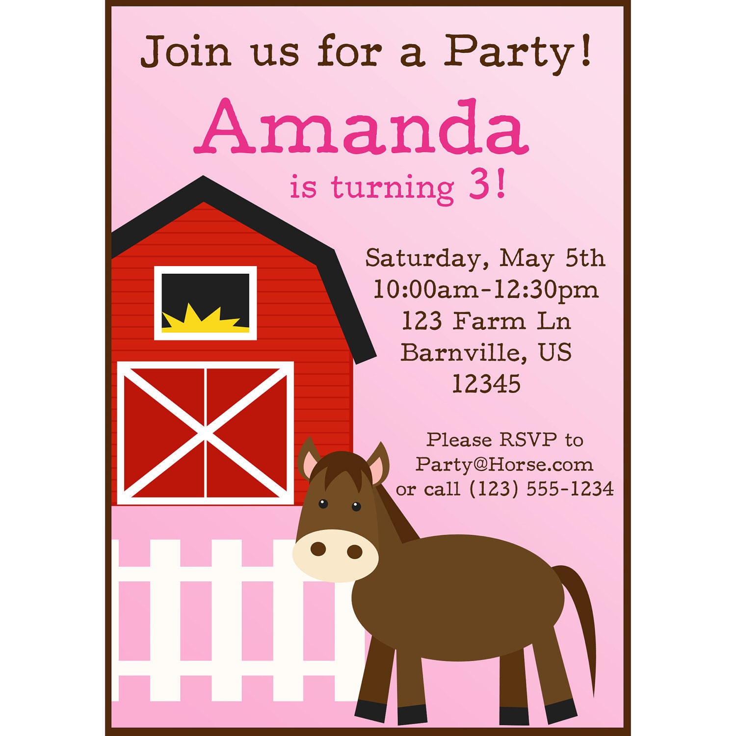 Farm Invitation - Cute Pink and Brown Horse Barn Animal Personalized Birthday Party Invite - a Digital Printable File
