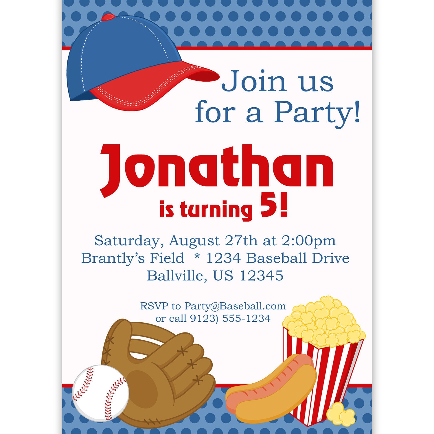 Baseball Invitation - Blue Polka Dot Baseball Ball, Glove and Hat Personalized Birthday Party Invite - a Digital Printable File