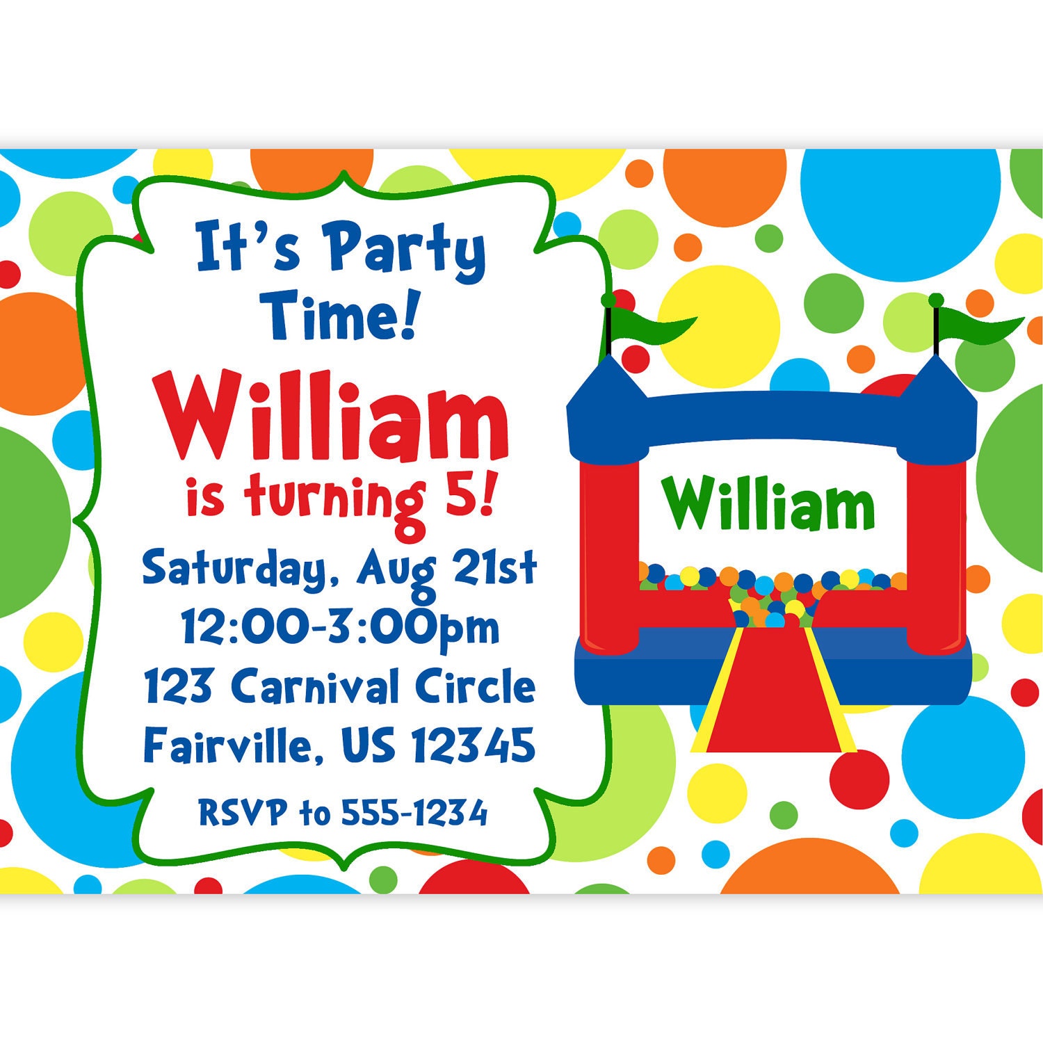 Carnival Circus Invitation - Rainbow Colored Polka Dots and Red Bounce House Personalized Birthday Party Invite - a Digital Printable File