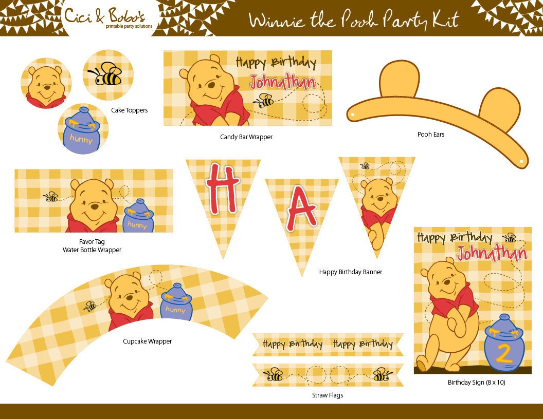 WINNIE THE POOH Birthday Party Printable Set - Cupcake Toppers, Party Banner. bear ears & more  - By Cici and Bobo