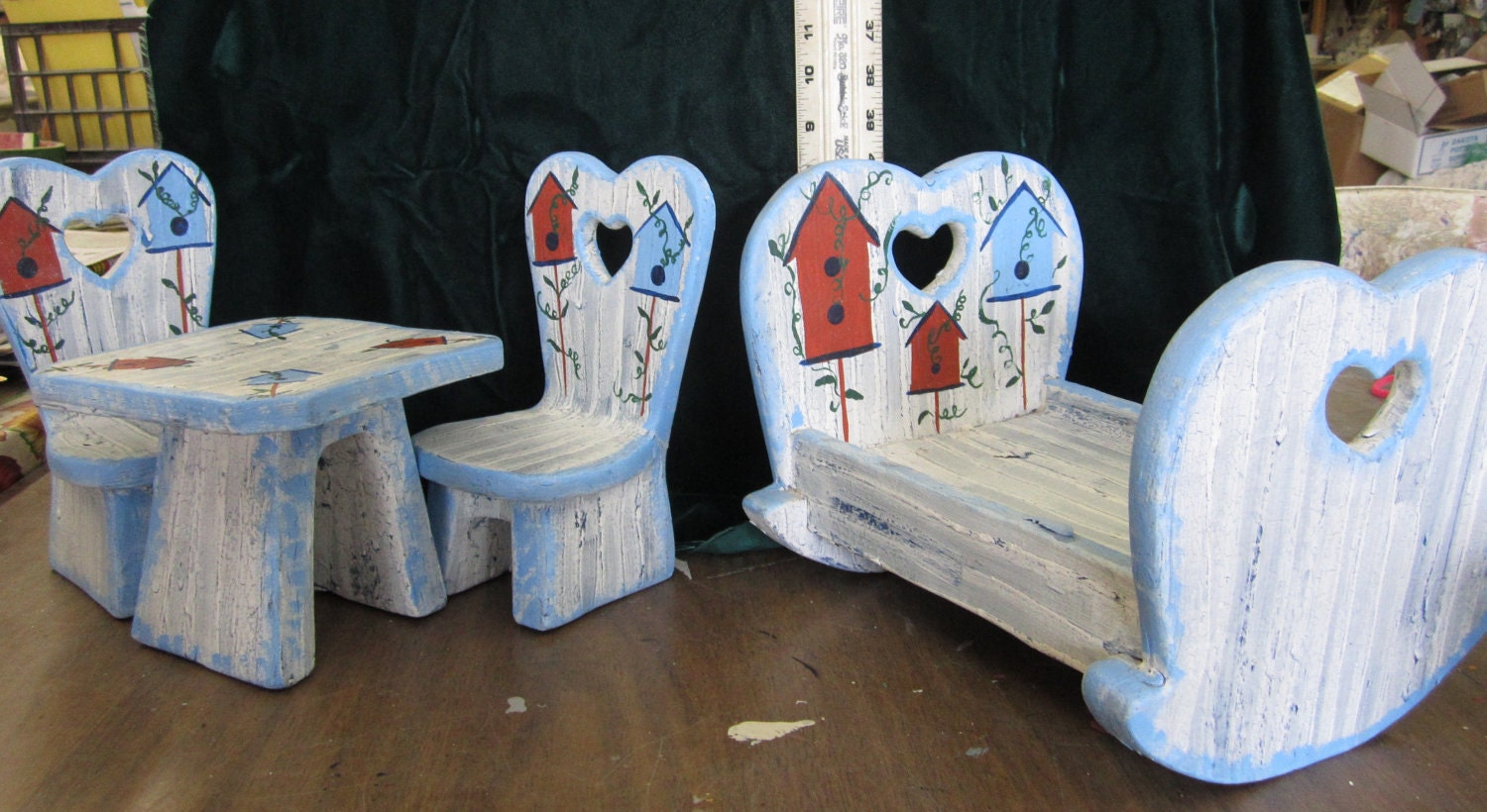 Vintage looking doll table and crib set