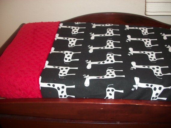 Giraffe  Changing Pad Cover     Black and White Giraffes on Parade  with Your Choice of Minky Dot Accent