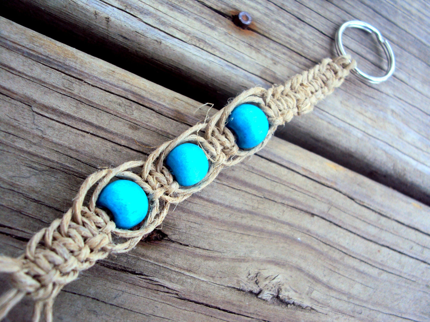 Hemp Blue Wooden Bead Macrame Keychain