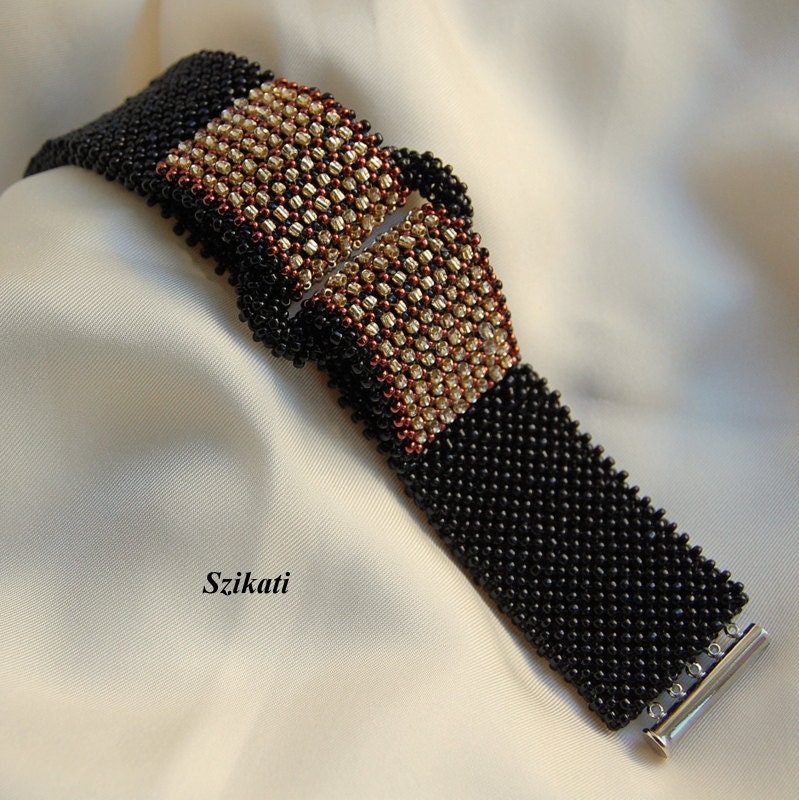 Beaded black Right Angle Weave seed beaded cuff bracelet, OOAK jewelry, beadwoven jewelry, elegant jewelry, unique shaped elegant bracelet