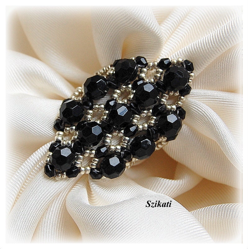 Beaded black silver ring, elegant unique design, OOAK