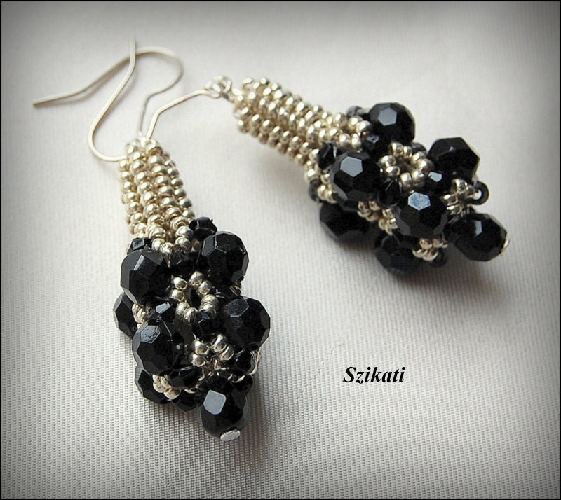 Beaded black silver earrings, elegant unique design, OOAK