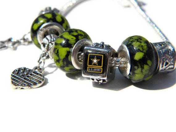 Army Murano European Bracelet - Army "Gone Green"  Logo Murano glass bead and european charm bracelet