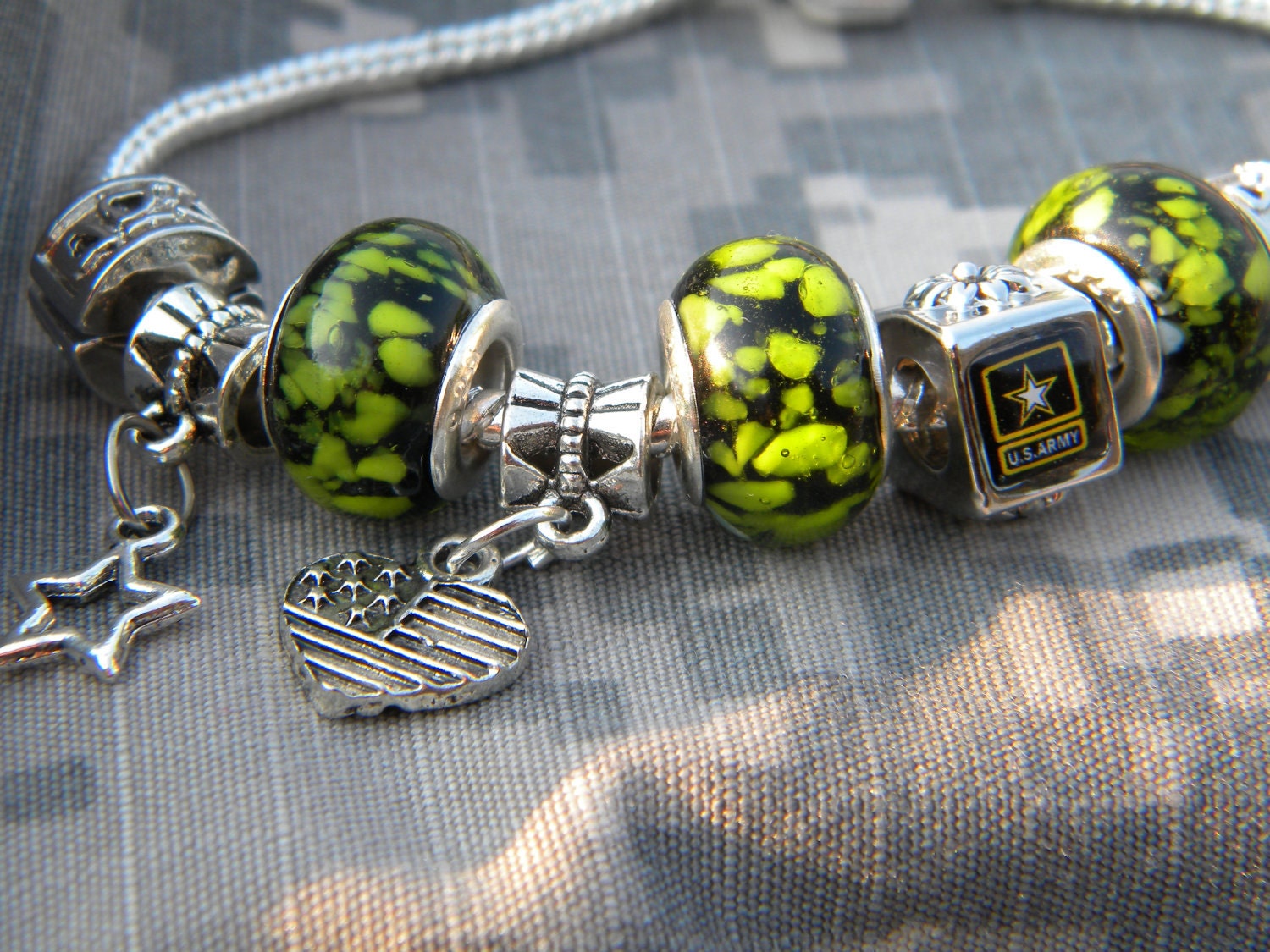 Army Murano European Bracelet - Army "Gone Green"  Logo Murano glass bead and european charm bracelet