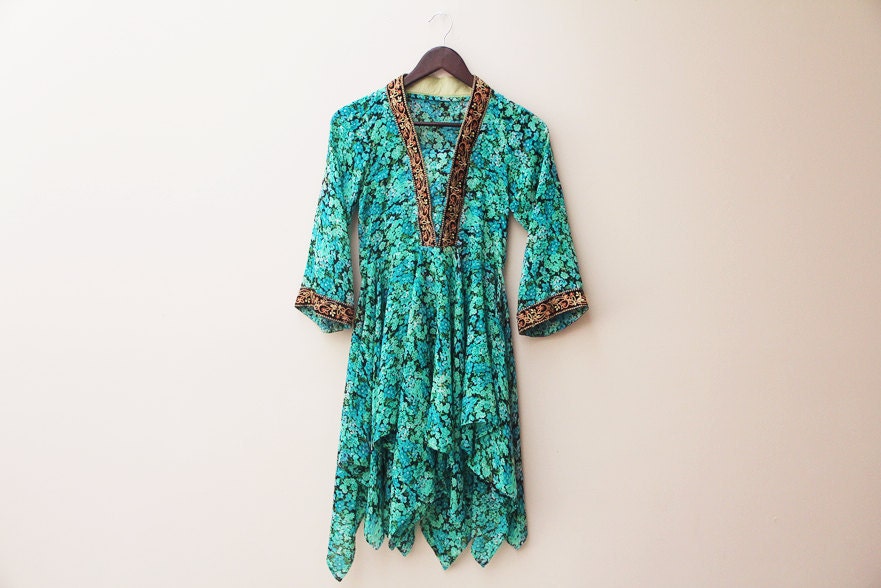floral sheer gypsy dress / petal skirt / folk style / turquoise and seafoam green / long sleeved