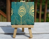 Peacock Decadence on Mini Canvas with matching Gold Easel, Peacock Feathers Art