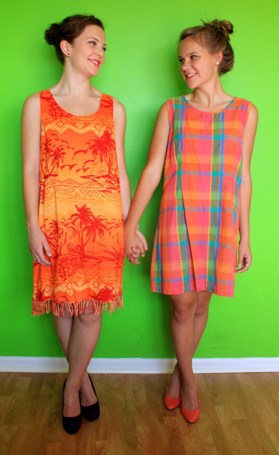 VINTAGE Short Picnic Plaid Dress Pink Orange Blue Green