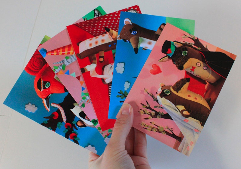 Set of 5 different cute postcards with woodland animals