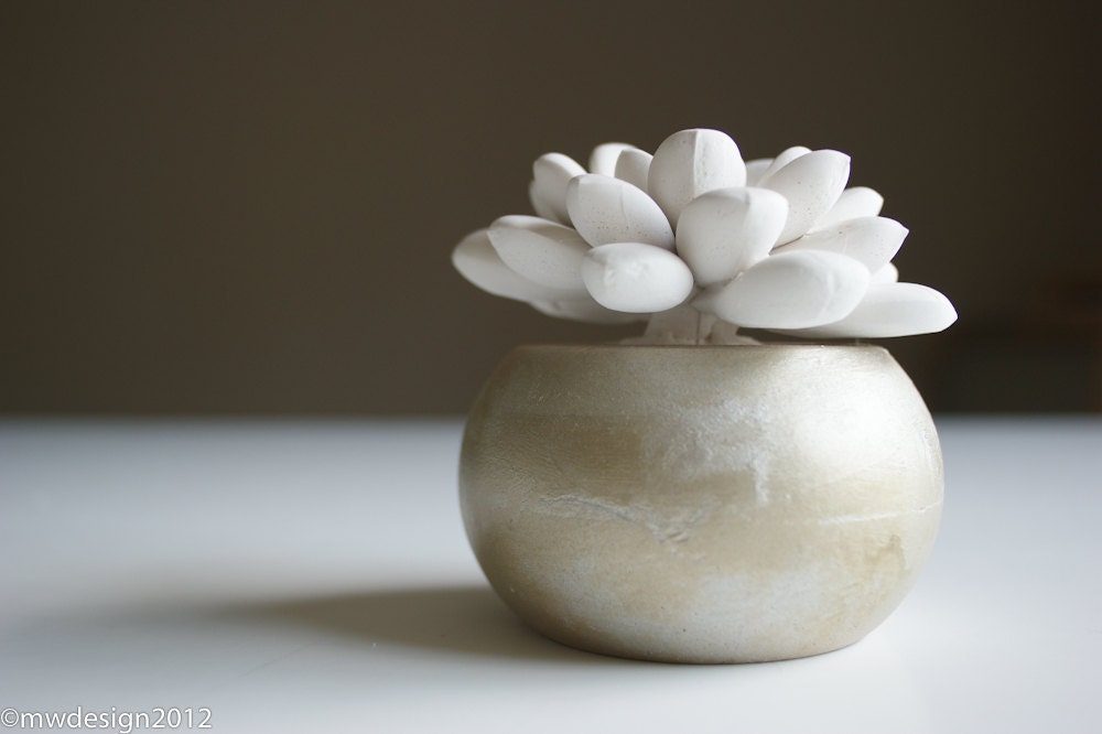 Modern White Succulent Sculpture in Round Champagne Container, Tabletop Centerpiece, Desktop Accessory, Home Decor