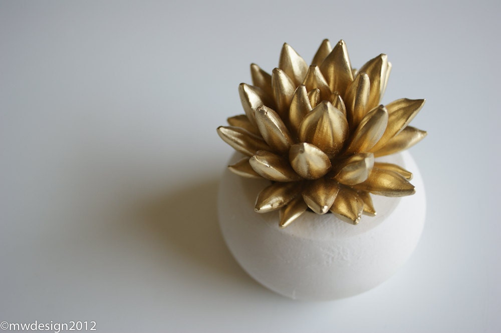Gold Succulent Sculpture, White Modern Round Container, Tabletop Centerpiece, Desktop Accessory