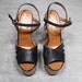 Vtg 70s Glam Leather Wood Monster Platform Sky High Sandals 5- 5.5