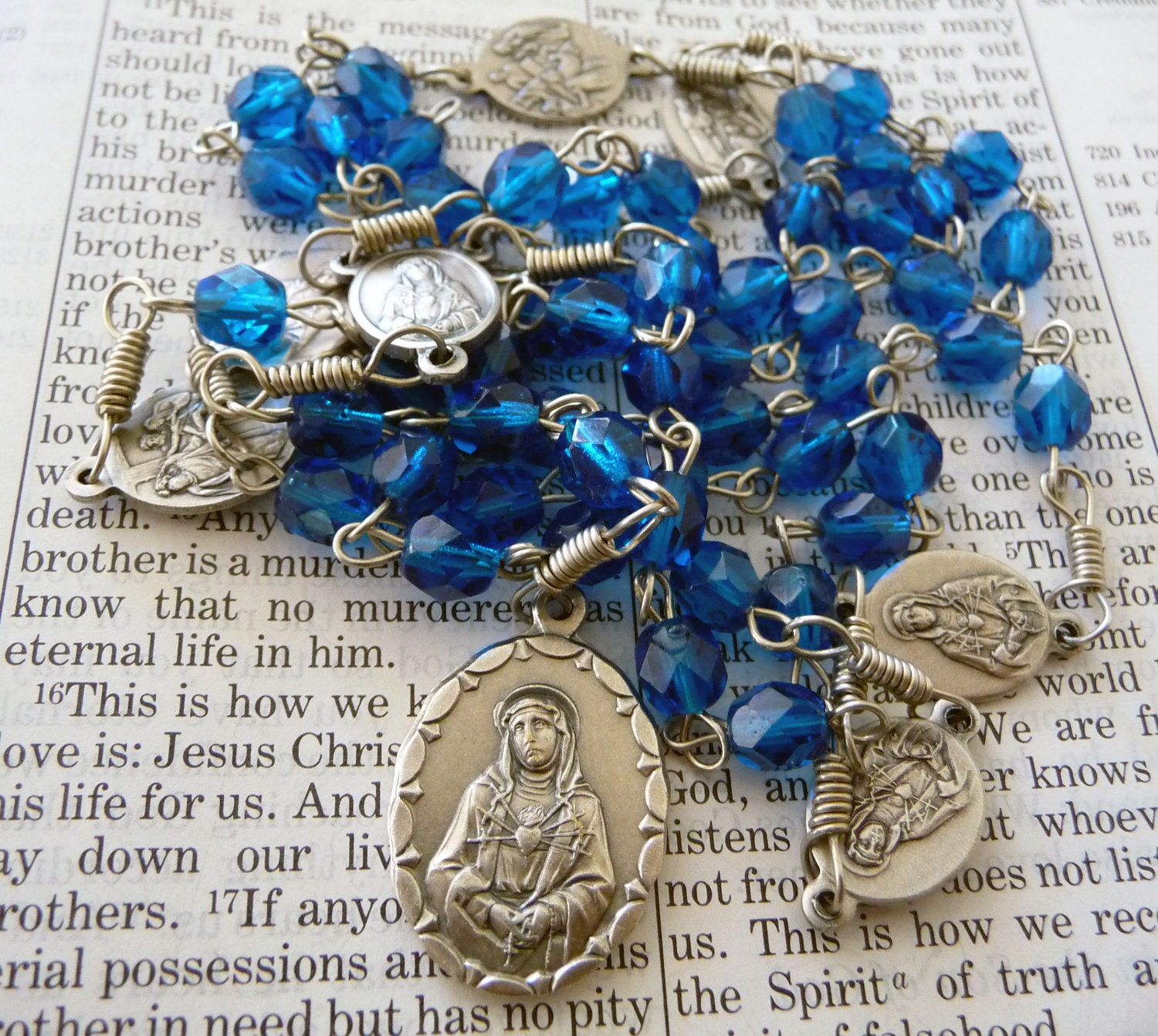 Chaplet of the Seven Sorrows of Mary - blue fire-polished glass