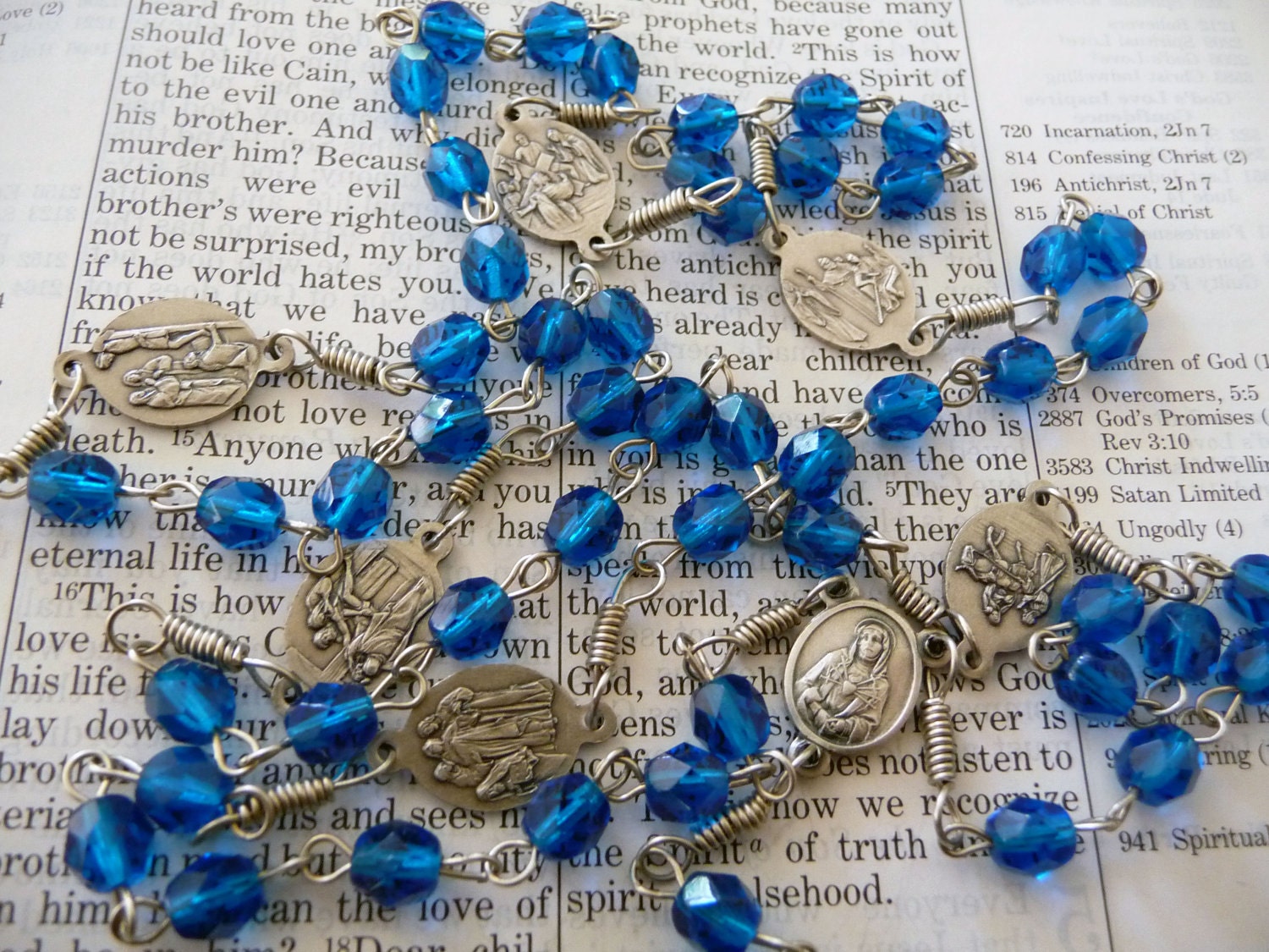 Chaplet of the Seven Sorrows of Mary - blue fire-polished glass
