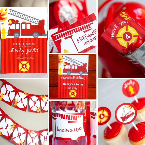 Firefighter Birthday Party Theme - Full Printable Collection - Invitation and Decor for little Fireman Party - Fire Engine and Ladder