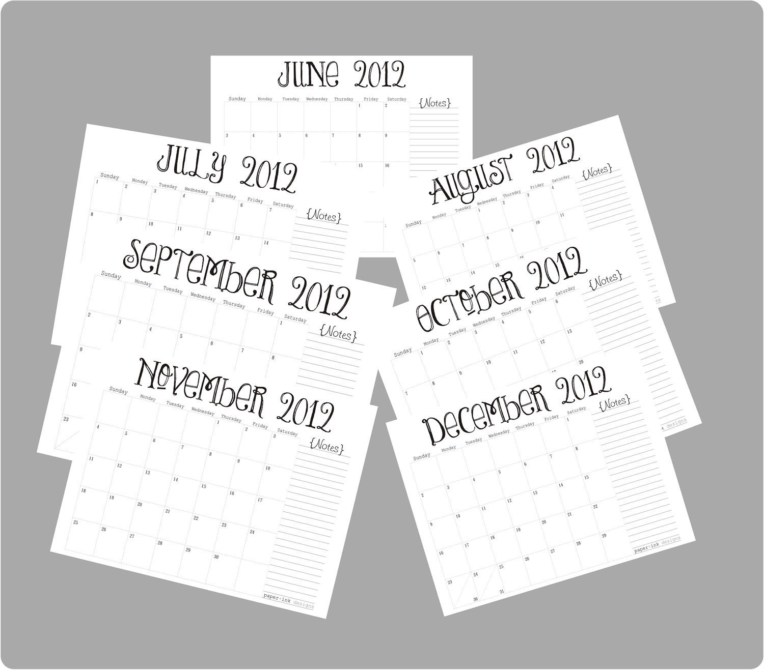Printable PDF Calendar :  June-December 2012