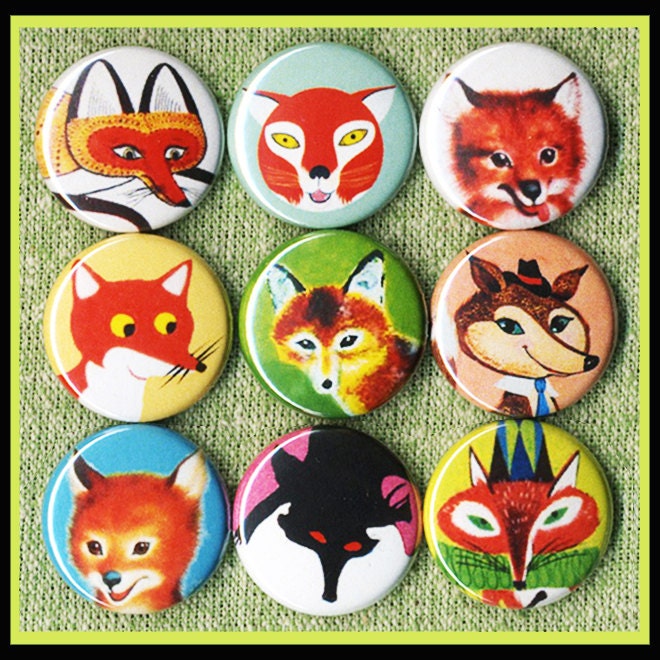 9 cute vintage FOX 1" inch buttons, medallions or magnets SET A