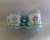Dog Bow, Light Blue, White, Flowers, Spring and Summer. Size 5/8