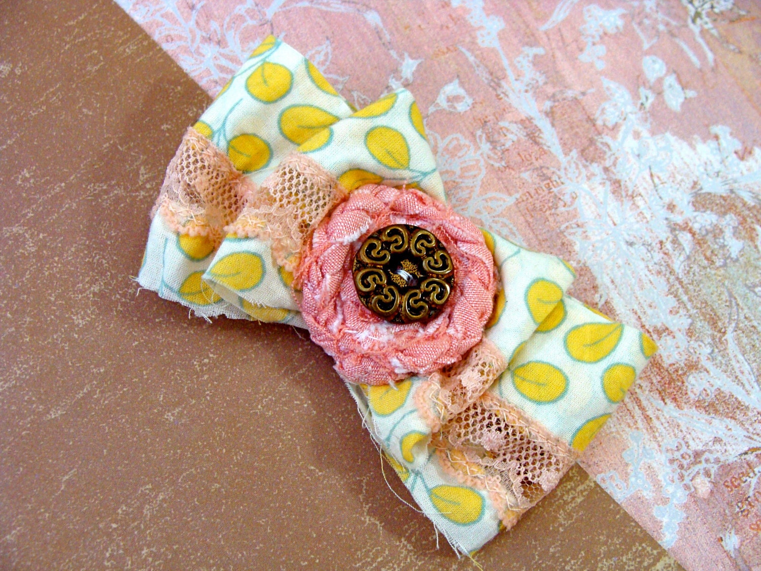 Shabby Chic Bow, Hair Accessory, Pink Peach & Yellow Vintage Floral Lace Button Bow, Cottage Chic Hair Bow Clip - "Ain't She Sweet"