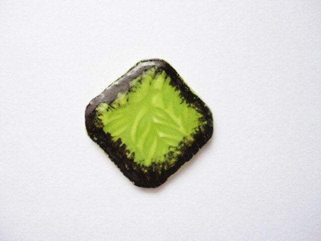 Handmade Square Ceramic Cabochon, Pendant, Kiln Fired Abstract, Chocolate Brown, Chartreuse, Green, Pendant, Necklace Making, Jewelry Supply