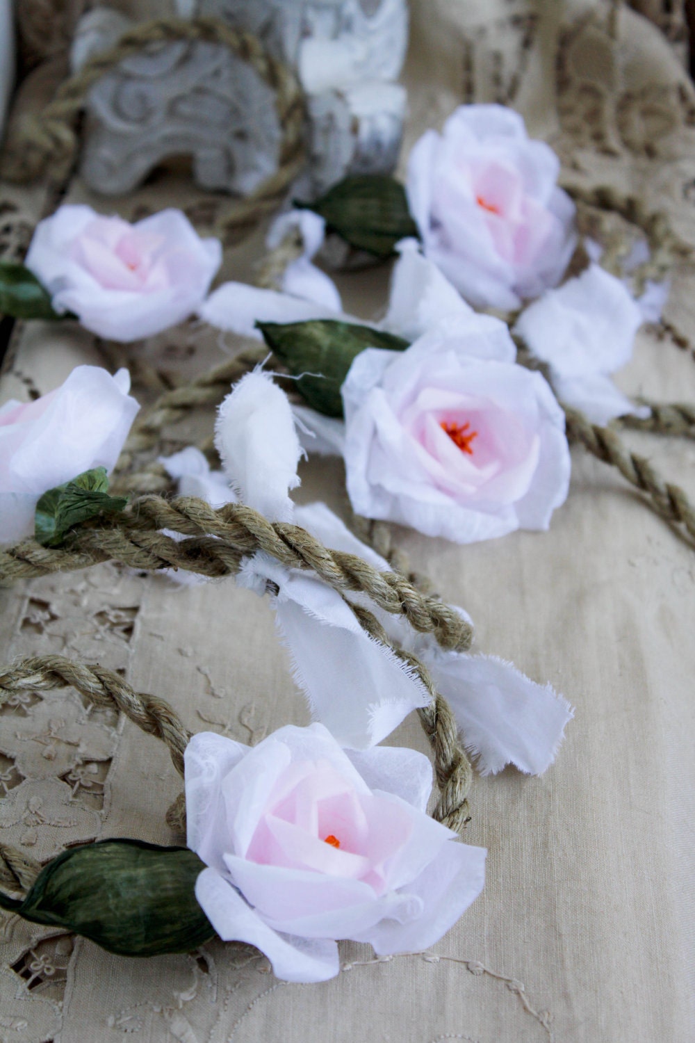 Shabby chic Wedding Garland - floral arrangement- window shop decoration- rice paper roses garland for romantic and country chic weddings