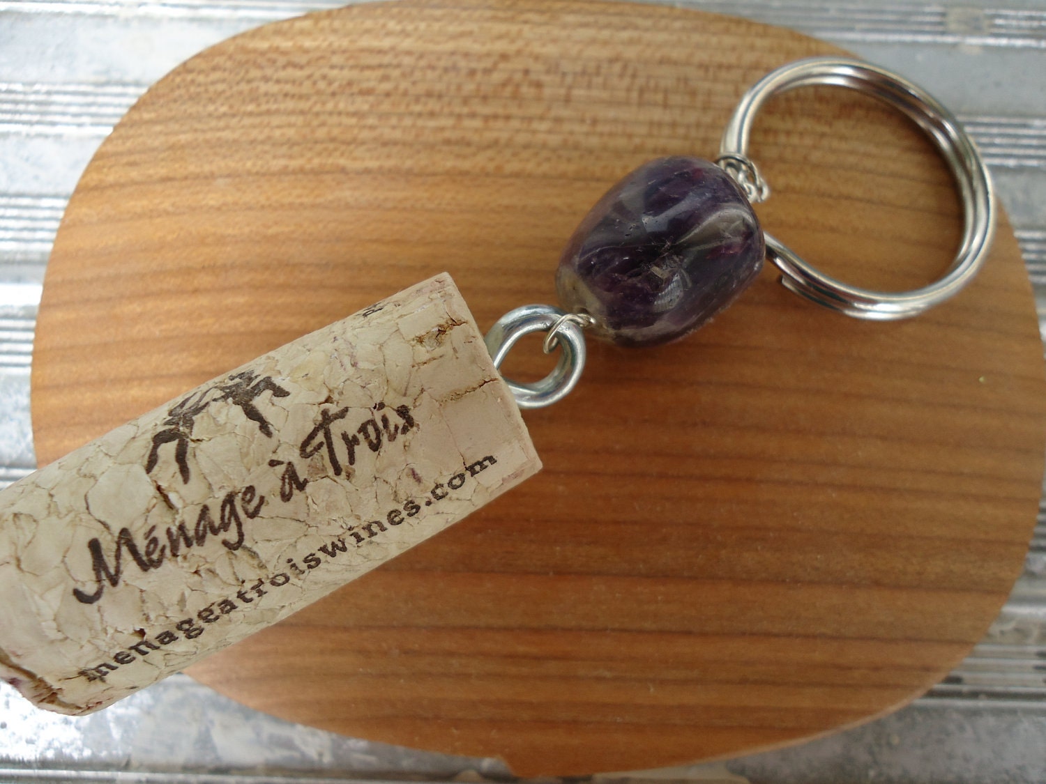 Wine Cork Key Chain with Purple Stone