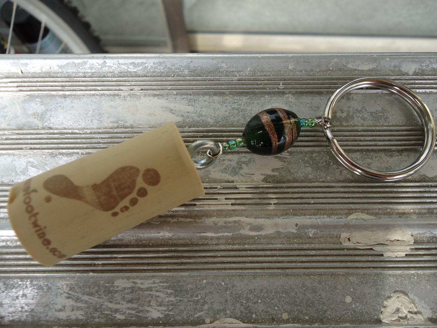 Wine Cork Key Chain with Green and Gold Stone & Beads