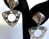Vintage Abstract Silver Tone Triangle Earrings w Cut Out Circles
