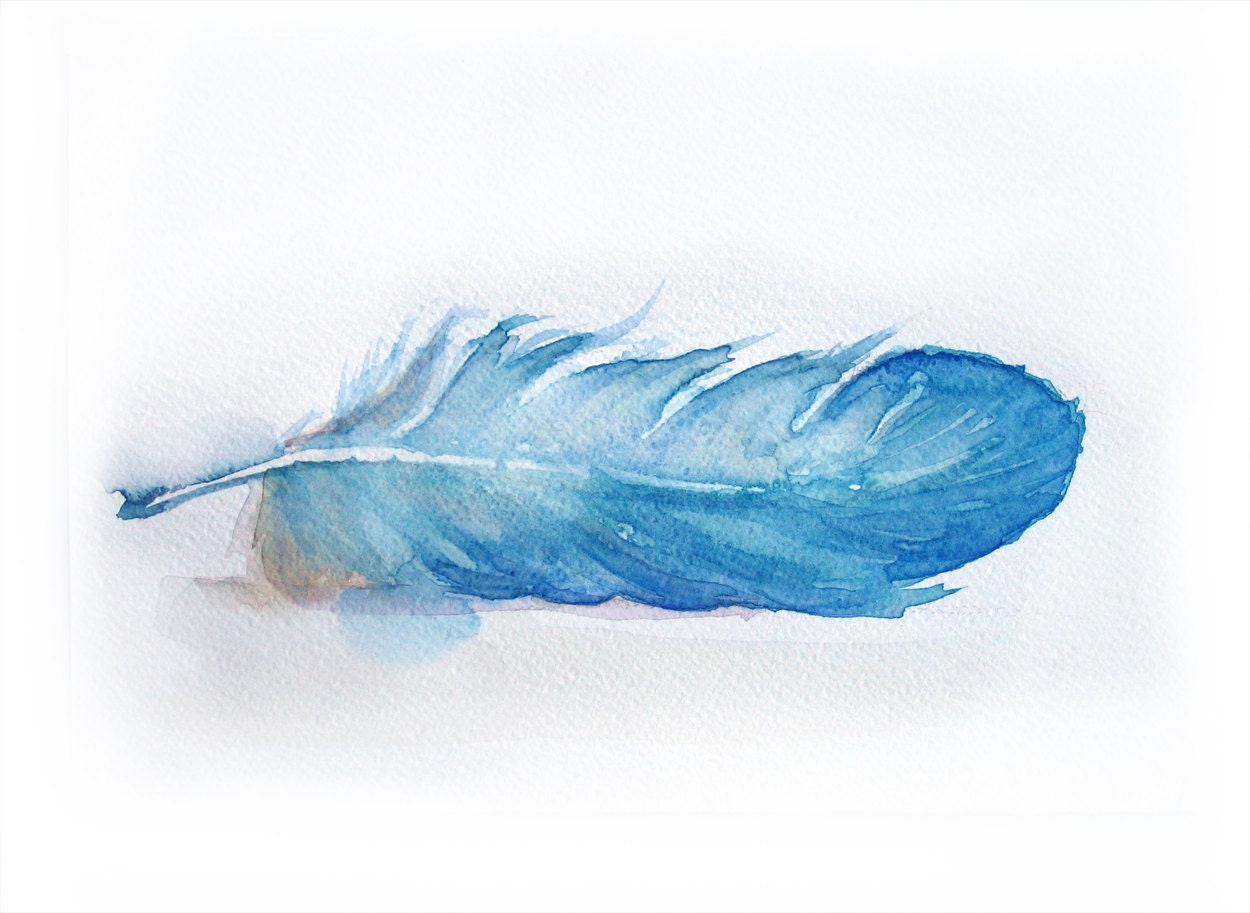 Watercolor painting of feather-Feather painting-Watercolor painted feather-Feather watercolor in light blue-Art Original