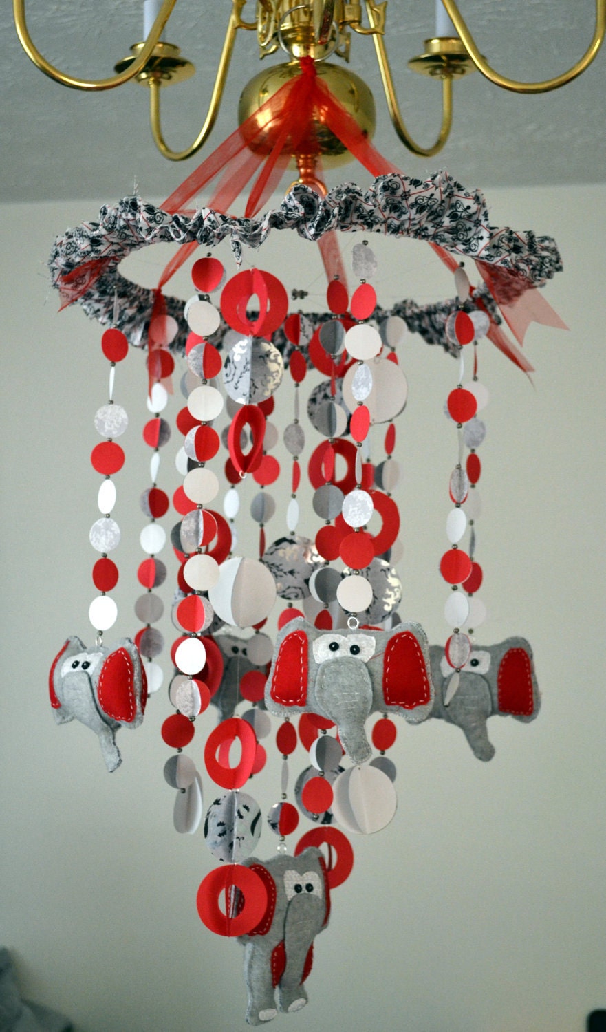 Modern Dancing Elephants Mobile (Red/White/Gray) Nursery Decor Baby Shower Gift